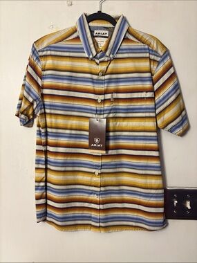 Ariat Men's Short Sleeve Striped Button-Down Shirt - Yellow, Blue, Brown